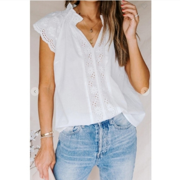 White Embroidered Eyelet Cap Sleeve Cotton Top - Picture 2 of 8